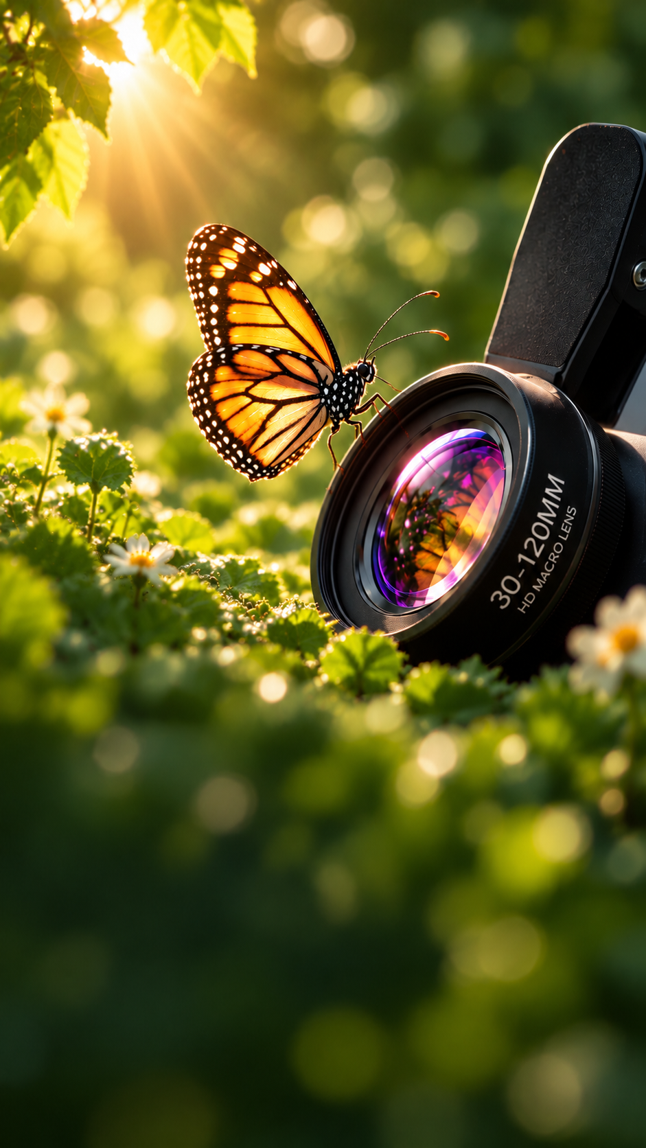 A monarch butterfly beside a macro lens in warm garden light